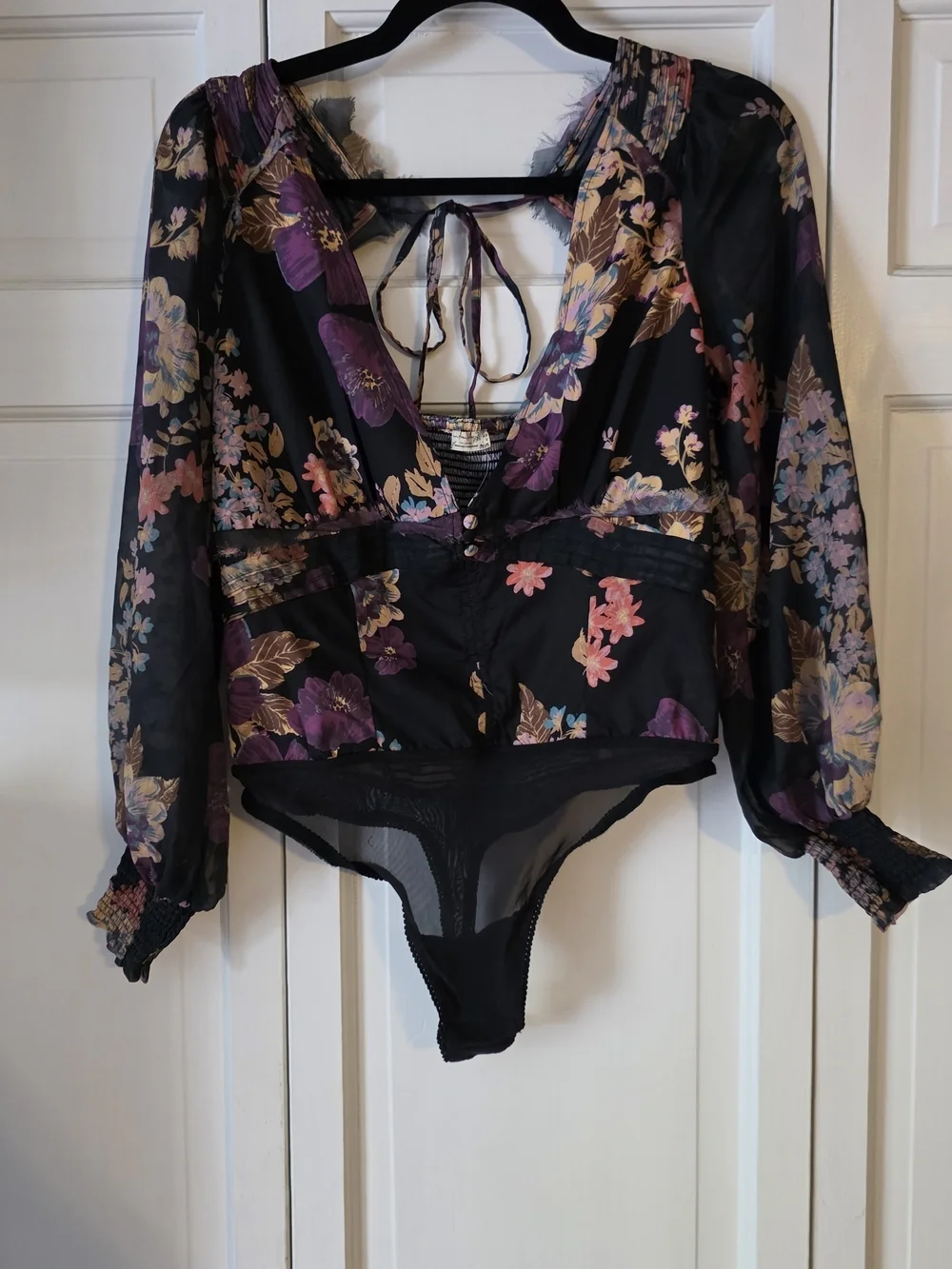 Free People NWT Floral Sheer Sleeve Bodysuit XS Whimsigoth Boho Gothic Top